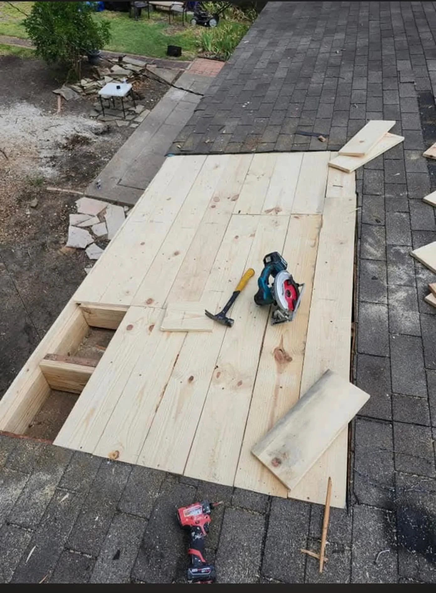 New roof decking installed across the rebuilt area