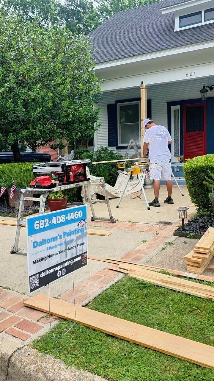 Custom wood porch column wraps being constructed around the former metal-post locations