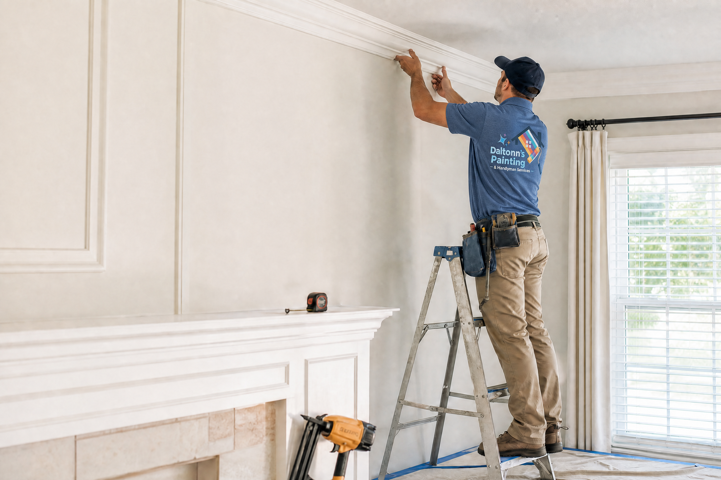 Handyman in a Daltonn’s branded work shirt carefully installing crown moulding in a residential room