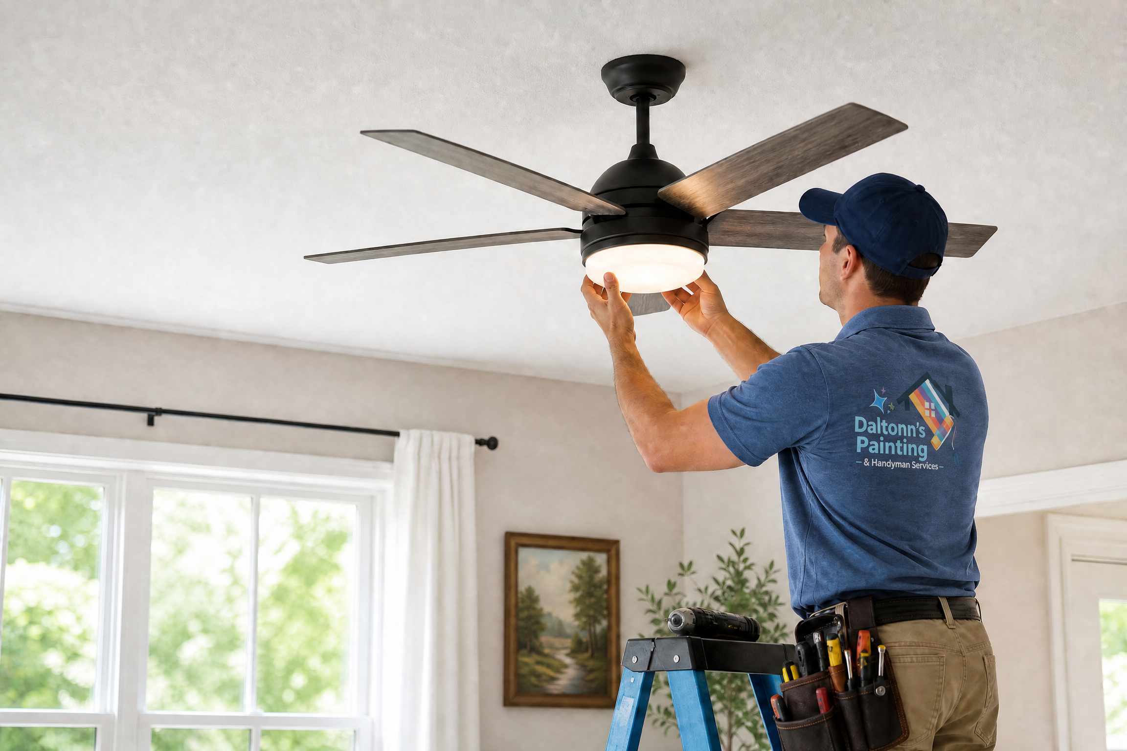 Handyman in a Daltonn’s branded work shirt replacing a ceiling fan and light fixture in a residential room