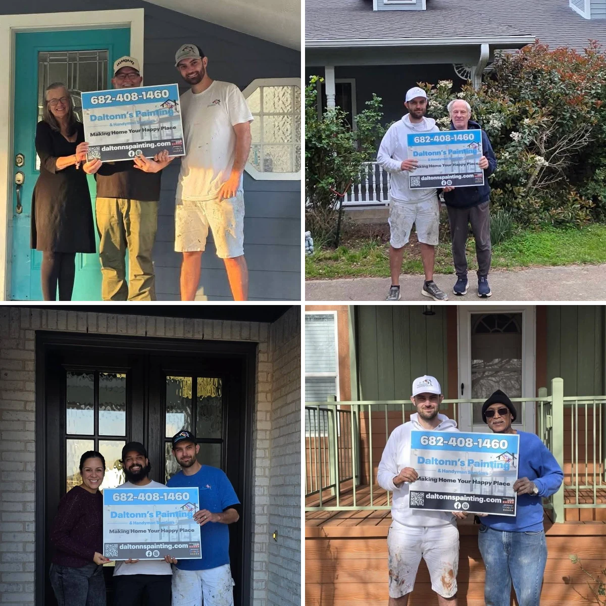 Four-photo collage of Daltonn with customers holding Daltonn’s Painting and Handyman Services signs at completed residential projects